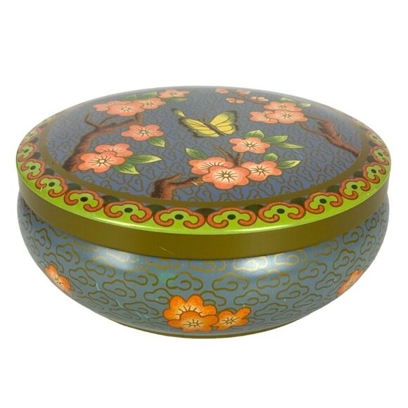 Vintage Daher Decorated Ware Lidded Tin Round Cherry Blossoms Butterfly Design - Picture 1 of 8